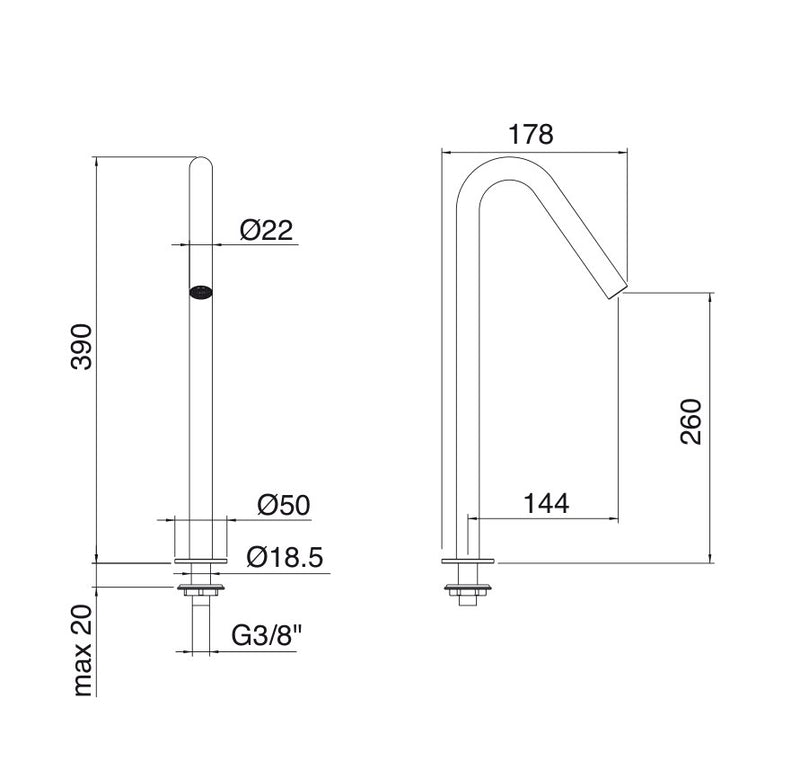 Desen tehnic cu cote – Pipă 22mm din inox pentru lavoar sau cadă