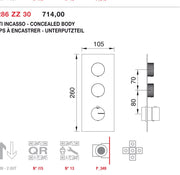 Desen tehnic cu cote – Termostat de duș încastrat Treemme din inox, de la 1 la 6 ieșiri