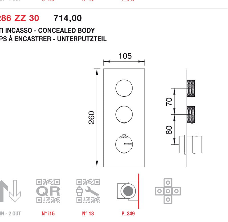 Desen tehnic cu cote – Termostat de duș încastrat Treemme din inox, de la 1 la 6 ieșiri