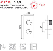 Desen tehnic cu cote – Termostat de duș 22mm încastrat, cu comutator, 2 sau 3 ieșiri