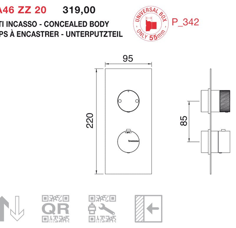 Desen tehnic cu cote – Termostat de duș 22mm încastrat, cu comutator, 2 sau 3 ieșiri