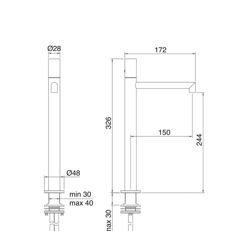 Desen tehnic cu cote – Baterie lavoar 28mm din inox, monocomandă