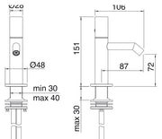 Desen tehnic cu cote – Baterie bideu 28mm din inox, monocomandă