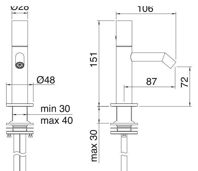 Desen tehnic cu cote – Baterie bideu 28mm din inox, monocomandă