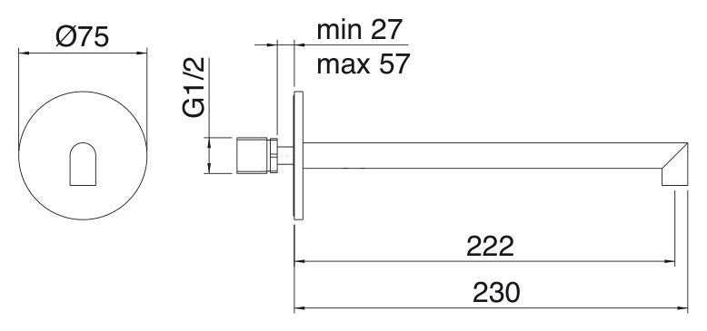 Desen tehnic cu cote – Pipă de perete 28mm din inox, pentru lavoar sau cadă