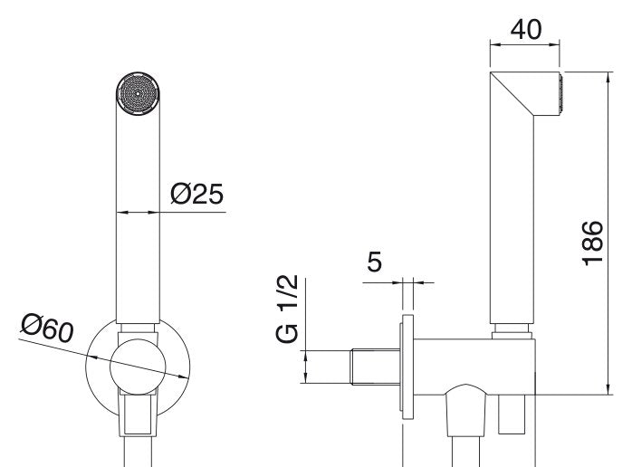 Desen tehnic cu cote – Kit duș 28mm din inox, cu duș de mână