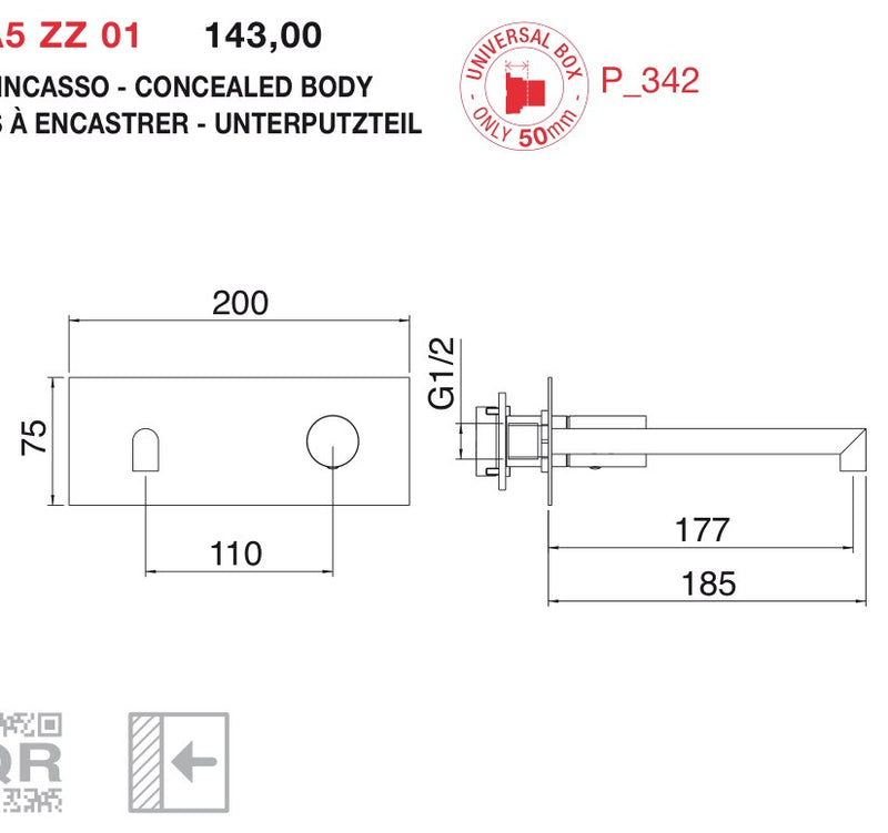Desen tehnic cu cote – Baterie lavoar 28mm încastrată, monocomandă