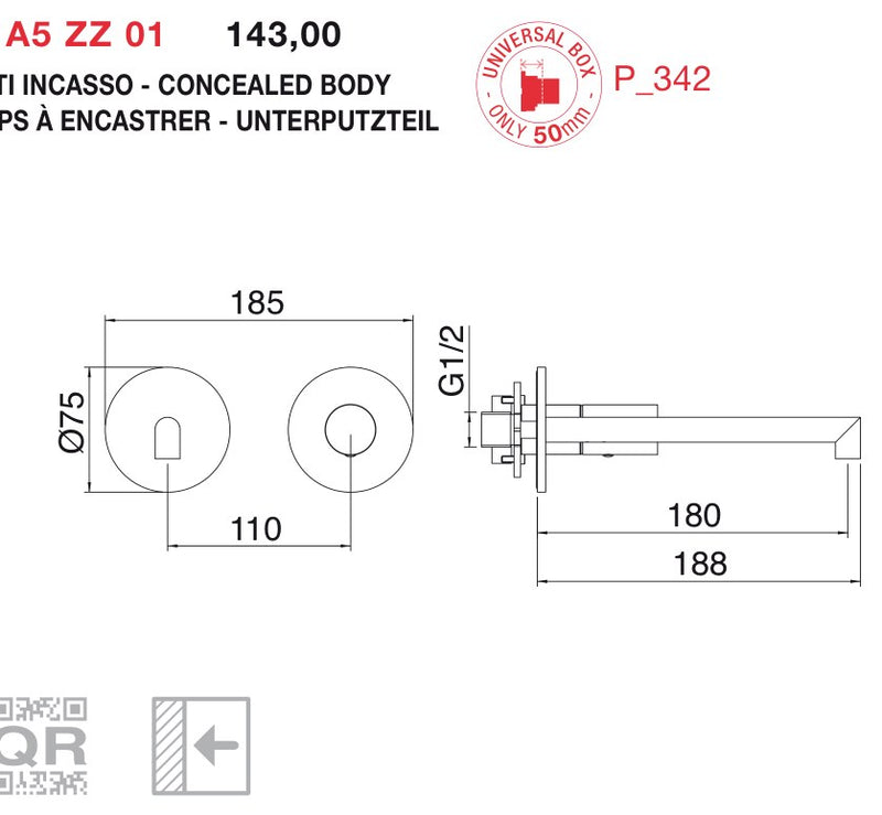 Desen tehnic cu cote – Baterie lavoar 28mm încastrată, monocomandă