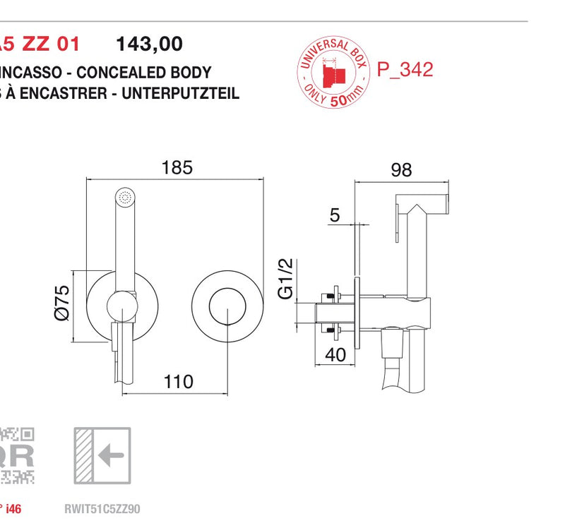 Desen tehnic cu cote – Baterie încastrată 28mm cu duș igienic pentru WC