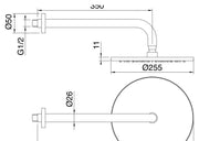 Desen tehnic cu cote – Pară de duș rotundă anticalcar Treemme din inox, cu braț