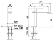 Desen tehnic cu cote – Baterie lavoar 3.6 din inox, monocomandă