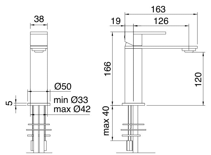 Desen tehnic cu cote – Baterie lavoar 3.6 din inox, monocomandă