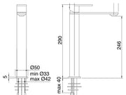 Desen tehnic cu cote – Baterie lavoar 3.6 din inox, monocomandă