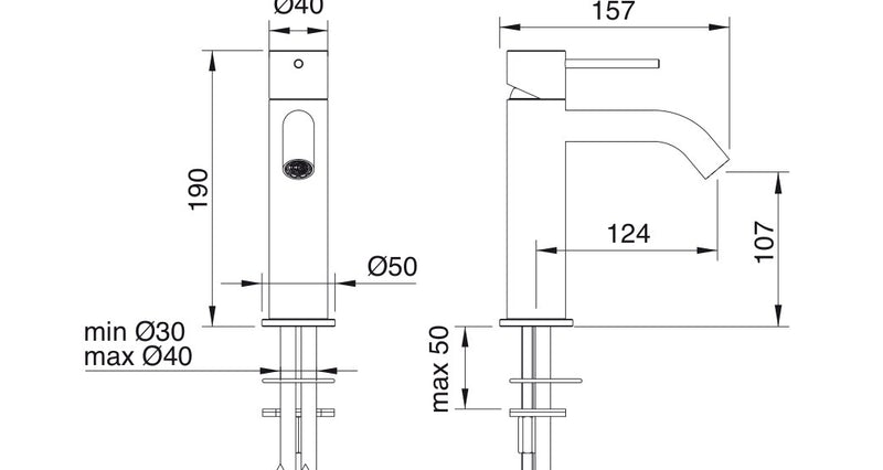 Desen tehnic cu cote – Baterie lavoar 40mm din inox, monocomandă