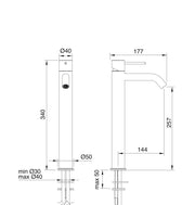 Desen tehnic cu cote – Baterie lavoar 40mm din inox, monocomandă
