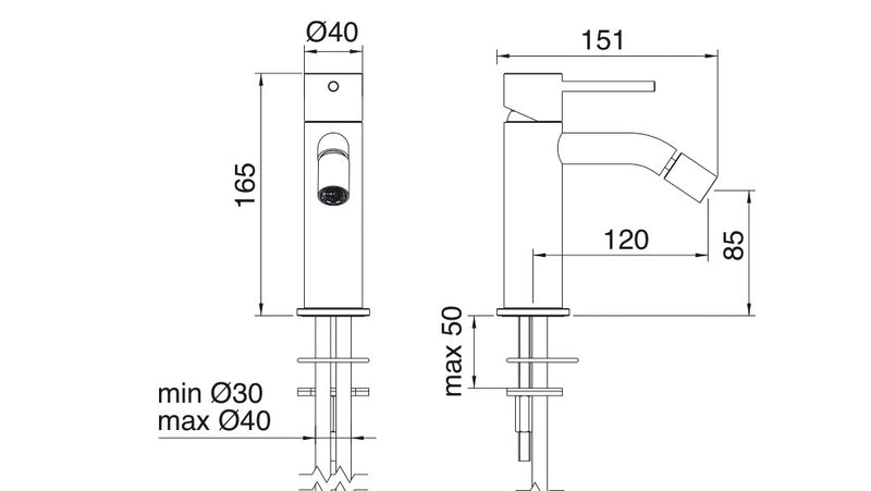 Desen tehnic cu cote – Baterie și pipă bideu 40mm din inox