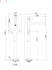 Desen tehnic cu cote – Baterie 40mm de pardoseală, pentru lavoar sau cadă