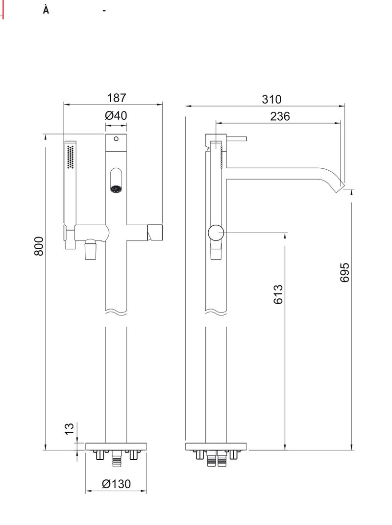 Desen tehnic cu cote – Baterie 40mm de pardoseală, pentru lavoar sau cadă