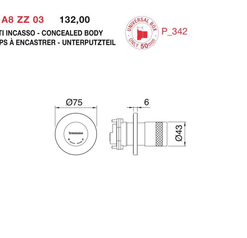 Desen tehnic cu cote – Baterie încastrată 40mm temporizată, cu închidere automată