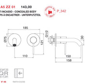 Desen tehnic cu cote – Baterie lavoar 40mm încastrată pe rozete, monocomandă