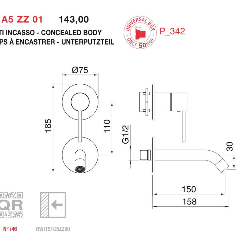 Desen tehnic cu cote – Baterie lavoar 40mm încastrată pe rozete, monocomandă