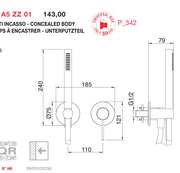 Desen tehnic cu cote – Baterie de duș 40mm încastrată, cu duș de mână