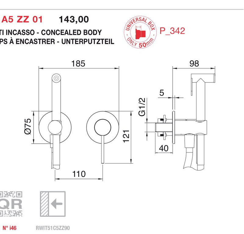 Desen tehnic cu cote – Baterie încastrată 40mm cu duș igienic pentru WC