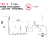 Desen tehnic cu cote – Baterie cadă-duș 40mm încastrată, cu duș de mână