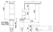 Desen tehnic cu cote – Baterie lavoar 5mm din inox, cu două mânere