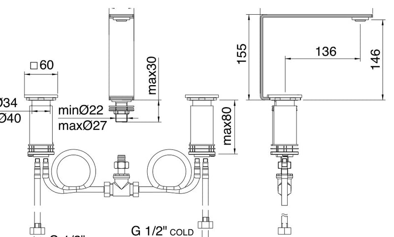 Desen tehnic cu cote – Baterie lavoar 5mm din inox, 3 găuri