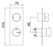 Desen tehnic cu cote – Termostat de duș încastrat Treemme din inox, cu comutator, 2 sau 3 ieșiri