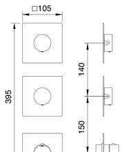 Desen tehnic cu cote – Termostat de duș încastrat Treemme din inox, plăci separate, 2 sau 3 ieșiri