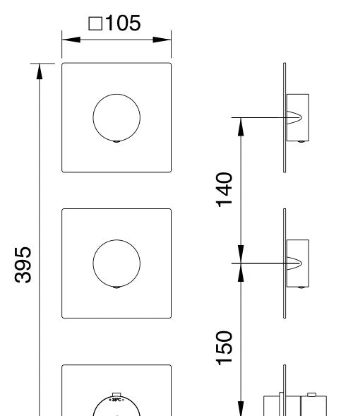 Desen tehnic cu cote – Termostat de duș încastrat Treemme din inox, plăci separate, 2 sau 3 ieșiri