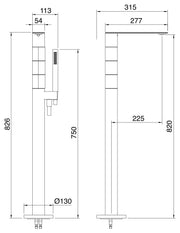 Desen tehnic cu cote – Baterie 5mm de pardoseală cu două mânere, pentru lavoar sau cadă