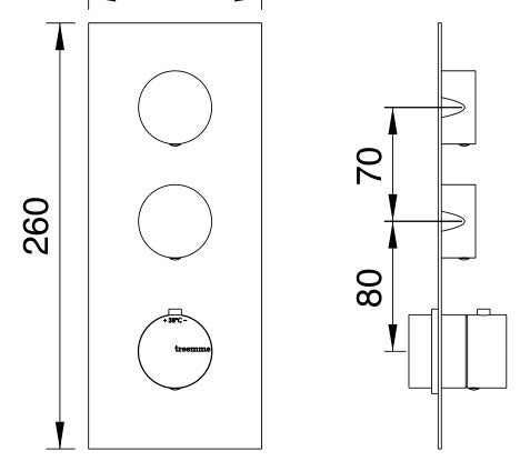 Desen tehnic cu cote – Termostat de duș încastrat Treemme din inox, de la 1 la 6 ieșiri