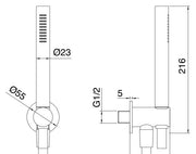 Desen tehnic cu cote – Kit duș Treemme din inox cu suport, furtun și duș de mână