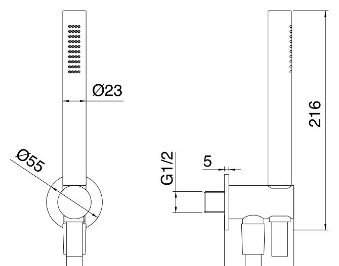Desen tehnic cu cote – Kit duș Treemme din inox cu suport, furtun și duș de mână