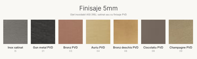 Paleta de finisaje inox Treemme: inox satinat, gun metal, bronz, auriu, bronz deschis, ciocolatiu și champagne