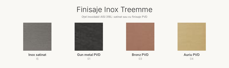 Paleta de finisaje inox Treemme: inox satinat, gun metal, bronz și auriu