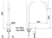 Desen tehnic cu cote – Pipă Bliss din inox pentru lavoar sau cadă