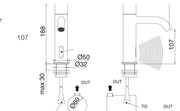 Desen tehnic cu cote – Baterie lavoar electronică 40mm din inox, cu senzor