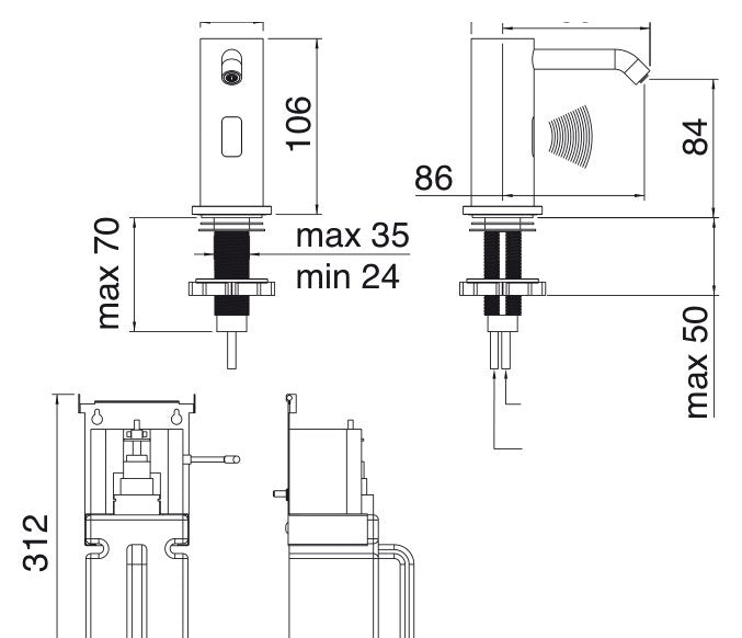 Desen tehnic cu cote – Dozator electronic de săpun lichid din inox, cu senzor