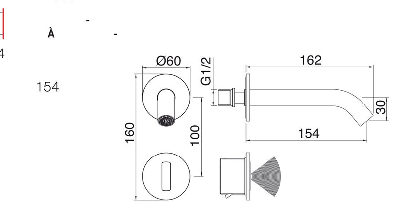 Desen tehnic cu cote – Baterie lavoar electronică de perete din inox, cu senzor