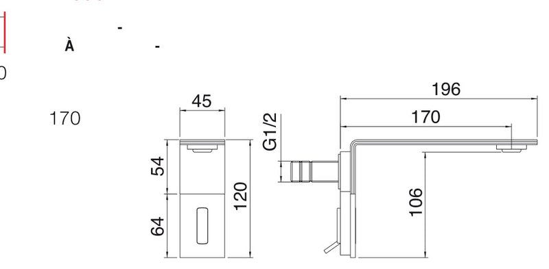 Desen tehnic cu cote – Baterie lavoar electronică de perete din inox, cu senzor