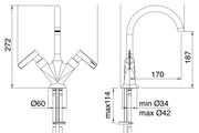 Desen tehnic cu cote – Baterie lavoar Flou din inox, cu două mânere