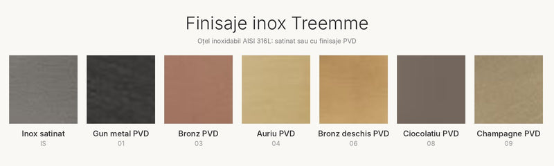 Paleta de finisaje inox Treemme: inox satinat, gun metal, bronz, auriu, bronz deschis, ciocolatiu și champagne