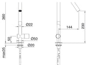 Desen tehnic cu cote – Baterie de bucătărie 22mm din inox