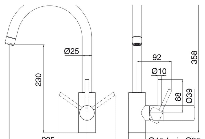 Desen tehnic cu cote – Baterie de bucătărie 40mm din inox, monocomandă