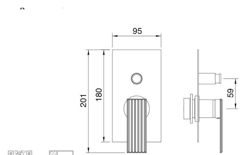 Desen tehnic cu cote – Baterie cadă/duș Ios încastrată cu comutator