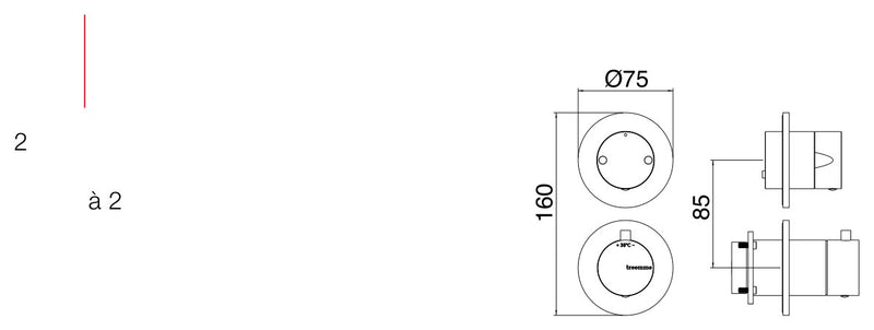 Desen tehnic cu cote – Termostat de duș încastrat Treemme din inox, cu comutator, rozete rotunde separate
